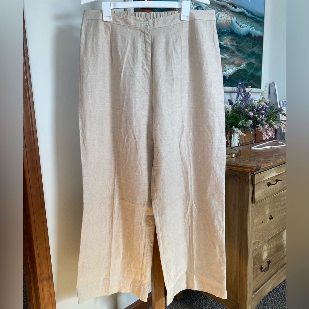 Beige 100% Linen Wide-Leg Pants